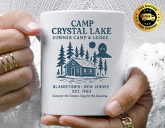 80s Horror Movie Parody Mug - Camp Crystal Lake Design, Funny Graphic Coffee Cup with Free Tracked UK Postage