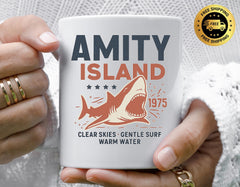 Movie Parody Mug - Amity Island Clear Skies Design, Funny Graphic Coffee Cup with Free Tracked UK Postage