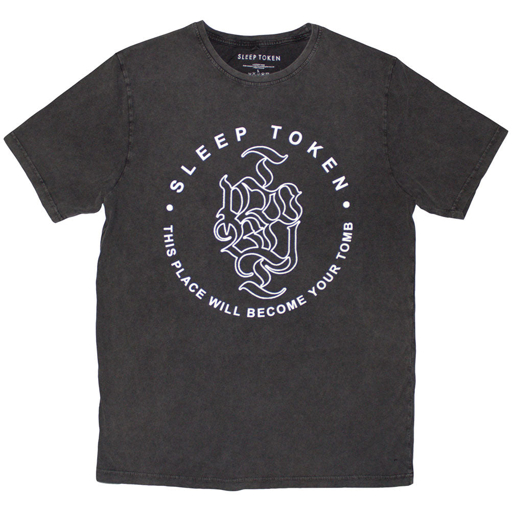 SLEEP TOKEN UNISEX STONE WASH T-SHIRT: TOMB TEXT RING (CHARCOAL GREY)Licensed Product