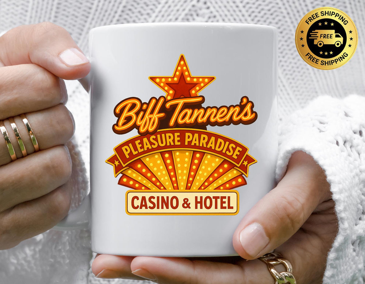 80s Movie Parody Mug - Biffs Casino and Hotel  Design, Funny Graphic Coffee Cup with Free Tracked UK Postage