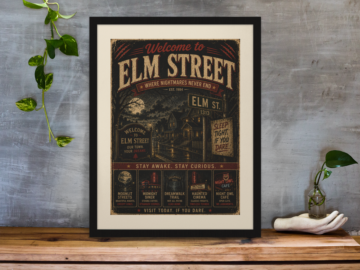 Welcome to Elm Street Framed Print Wall Art: Movie Parody Design - 2 Sizes A4 or A4