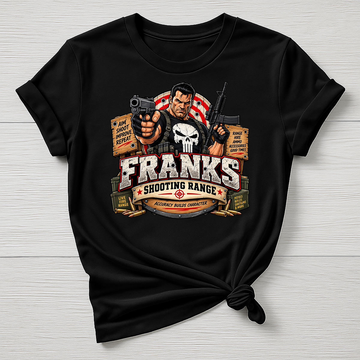 Frank's Shooting Range T-Shirt - Super Hero Parody Design - Gildan Softstyle