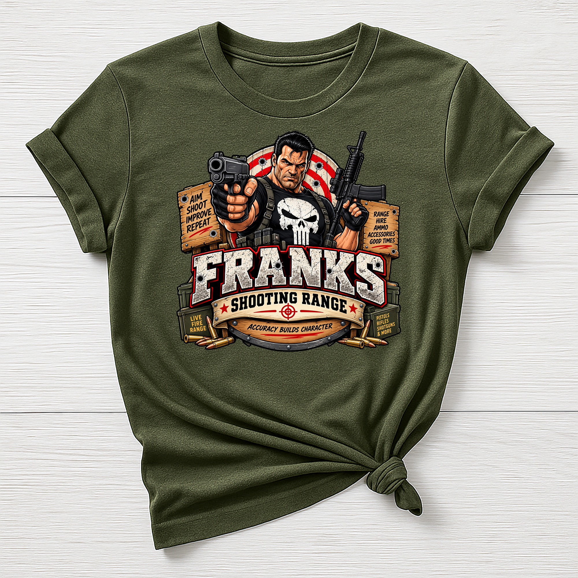 Frank's Shooting Range T-Shirt - Super Hero Parody Design - Gildan Softstyle