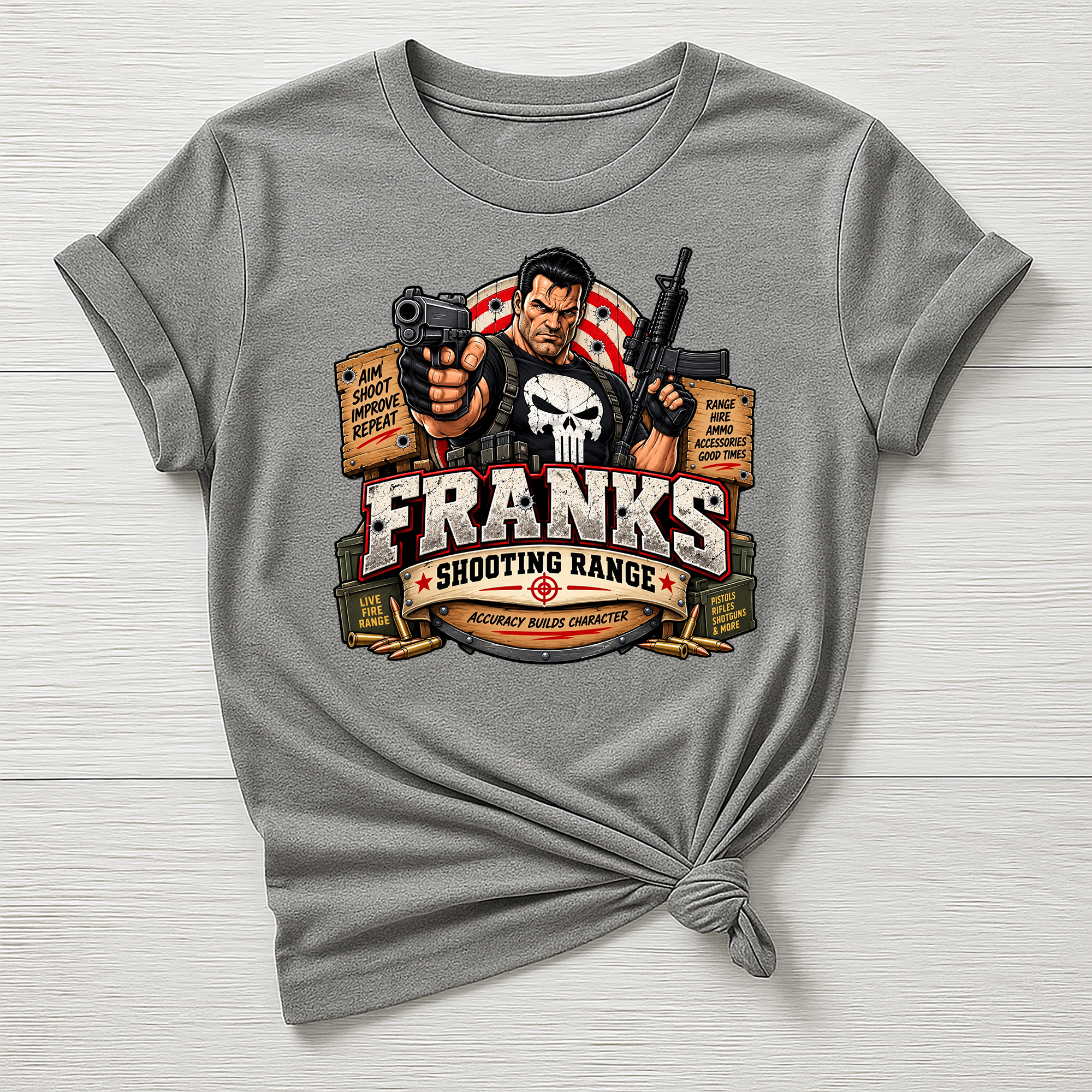 Frank's Shooting Range T-Shirt - Super Hero Parody Design - Gildan Softstyle