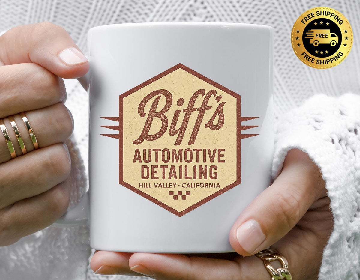 80s Movie Parody Mug - Biffs Automotive Detailing Design, Funny Graphic Coffee Cup with Free Tracked UK Postage