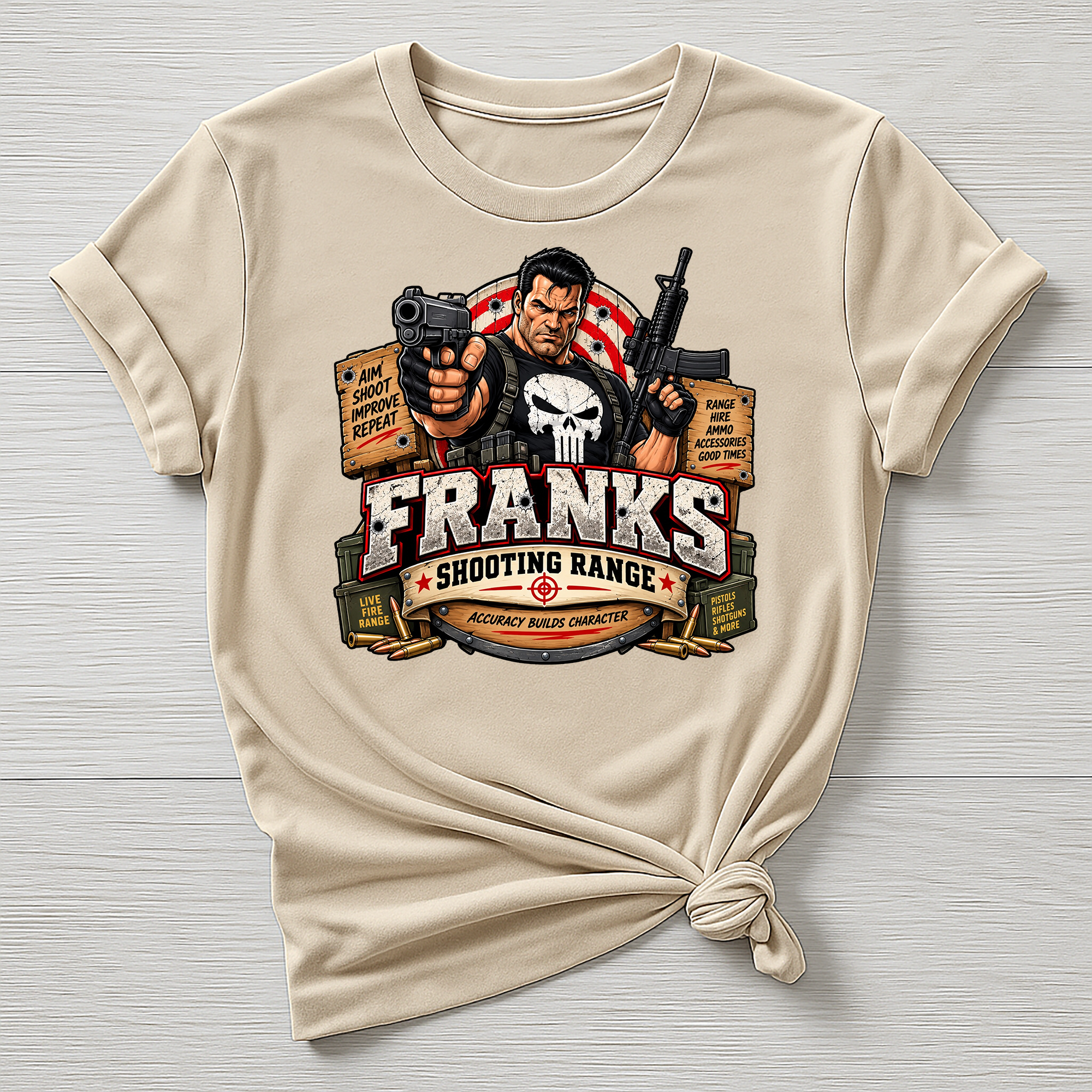 Frank's Shooting Range T-Shirt - Super Hero Parody Design - Gildan Softstyle