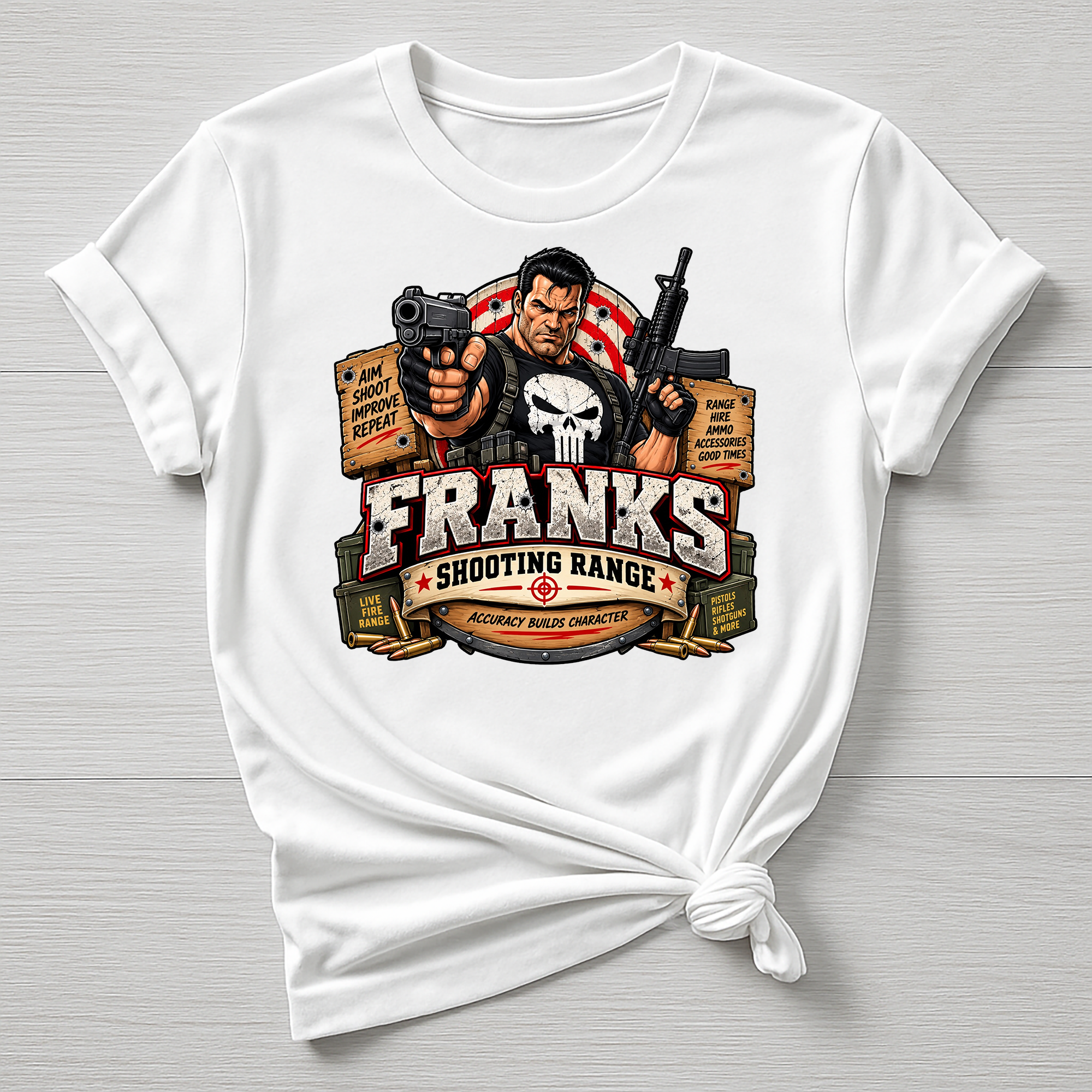Frank's Shooting Range T-Shirt - Super Hero Parody Design - Gildan Softstyle
