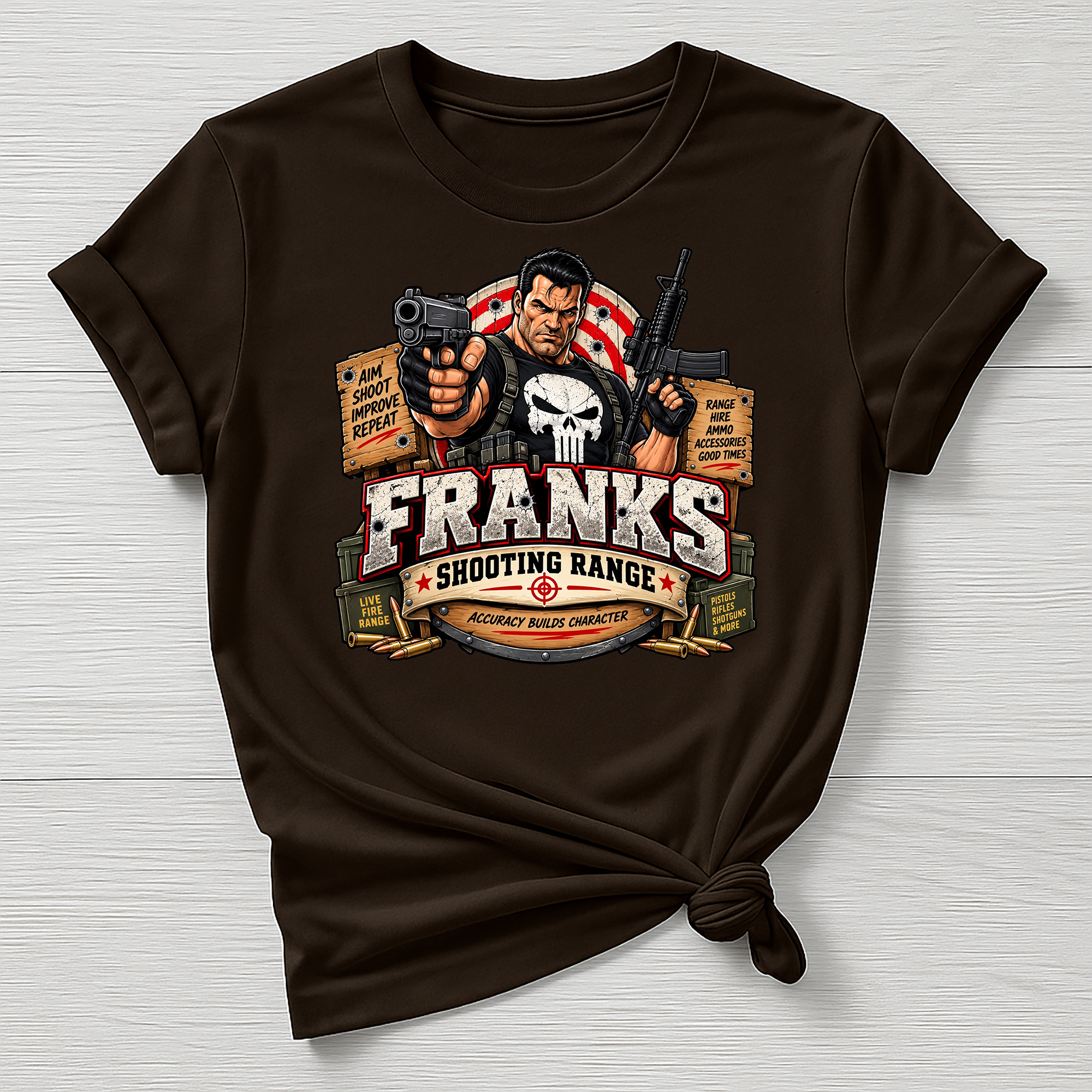 Frank's Shooting Range T-Shirt - Super Hero Parody Design - Gildan Softstyle