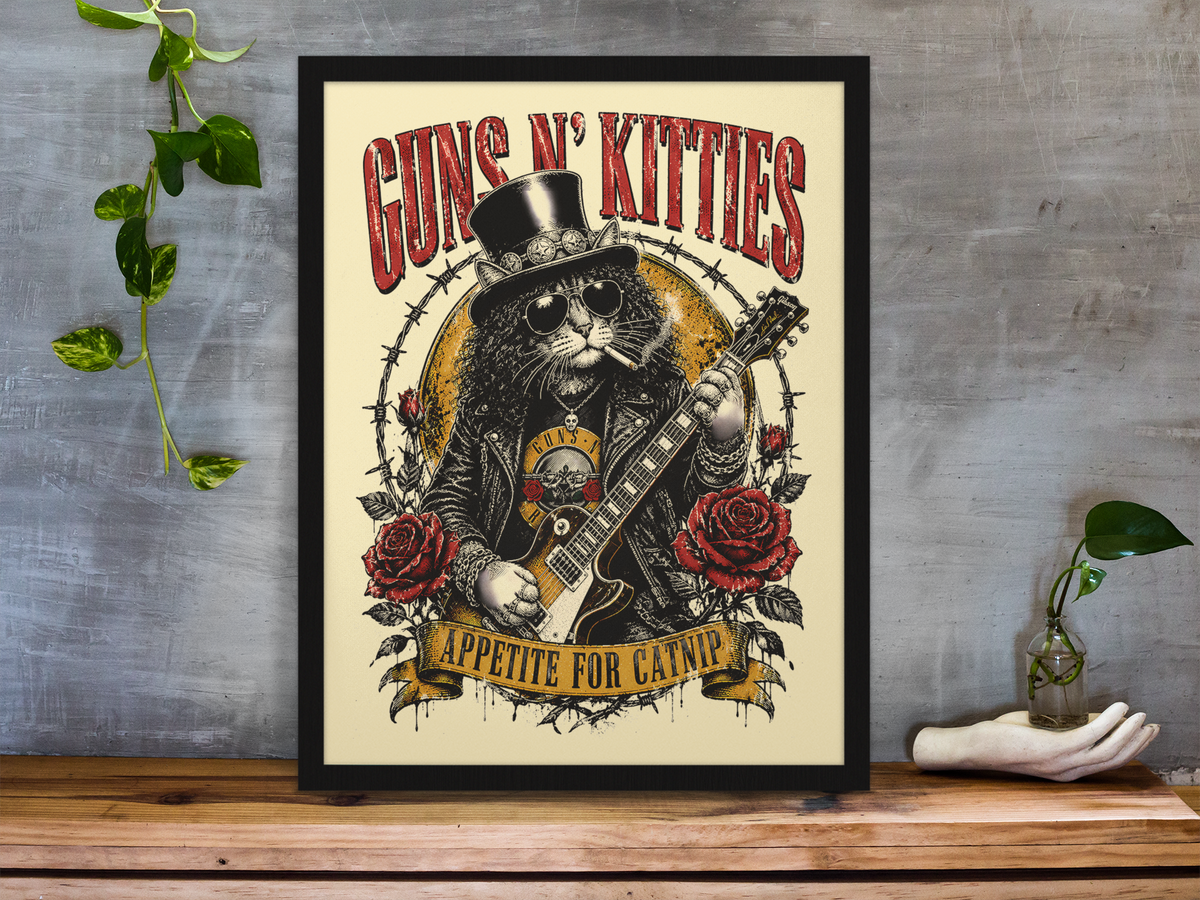 Guns N' Kitties Framed Print Wall Art: Music Parody Design - 2 Sizes A4 or A4