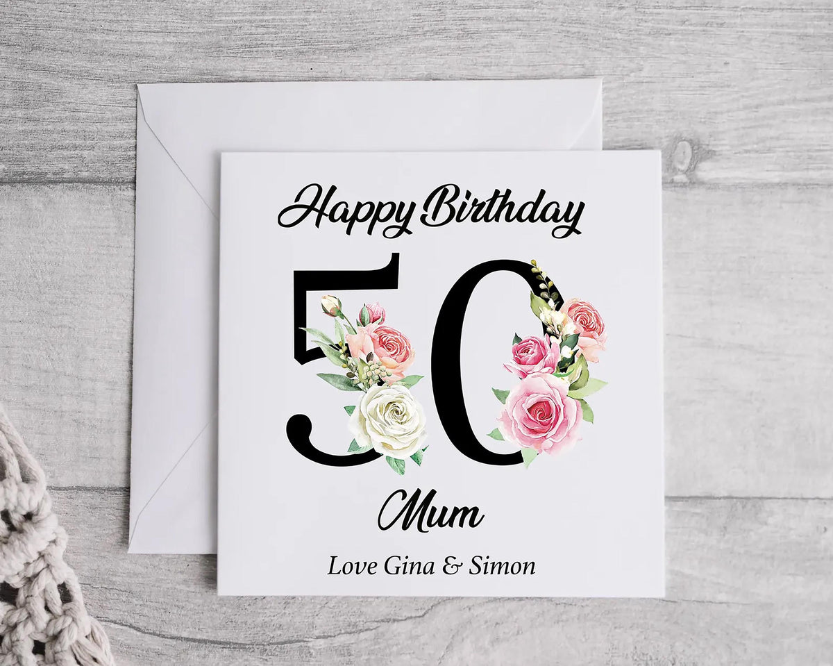 Personalised 50th Birthday Card: Rose Design, Black Text - Fast UK Post