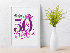 Personalised Ladies 50th Birthday Print in Frame - 50 & Fabulous - Personalised Name Print - Fast and Fast UK Tracked Post.