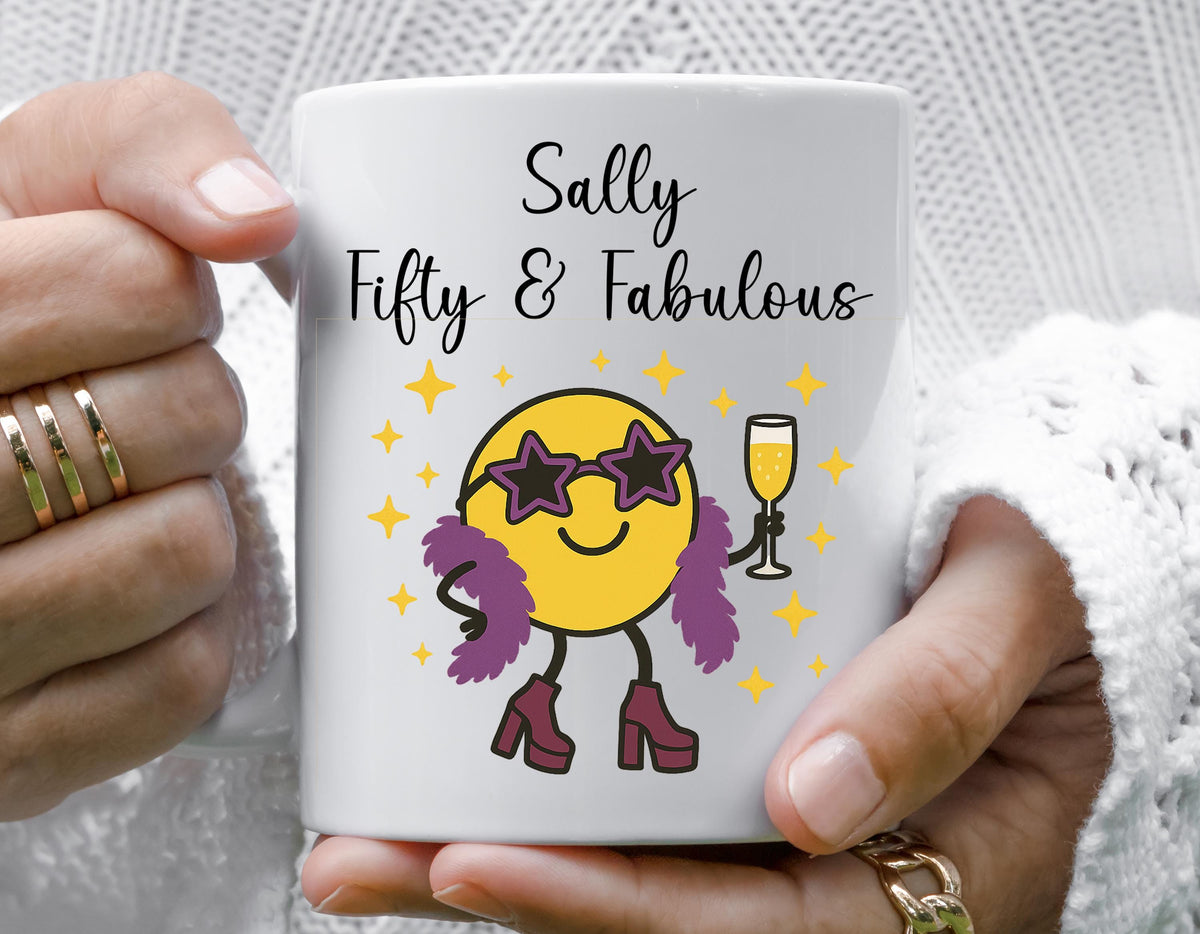 Personalised 50th Birthday Mug: Fifty & Fab Cartoon Print