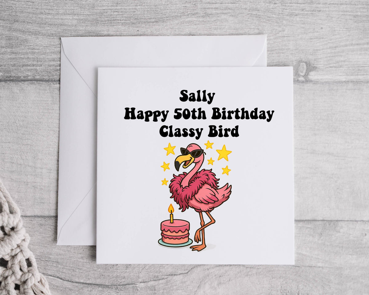 Personalised 50th Birthday Card: Classy Bird Design, Fast UK Post