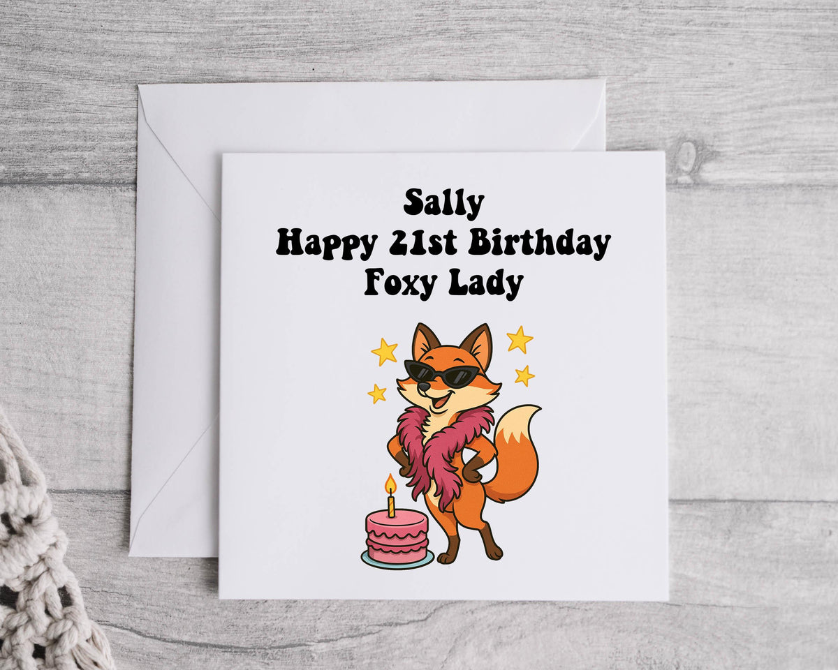 Personalised 21st Birthday Card: Foxy Lady Design, Fast UK Post