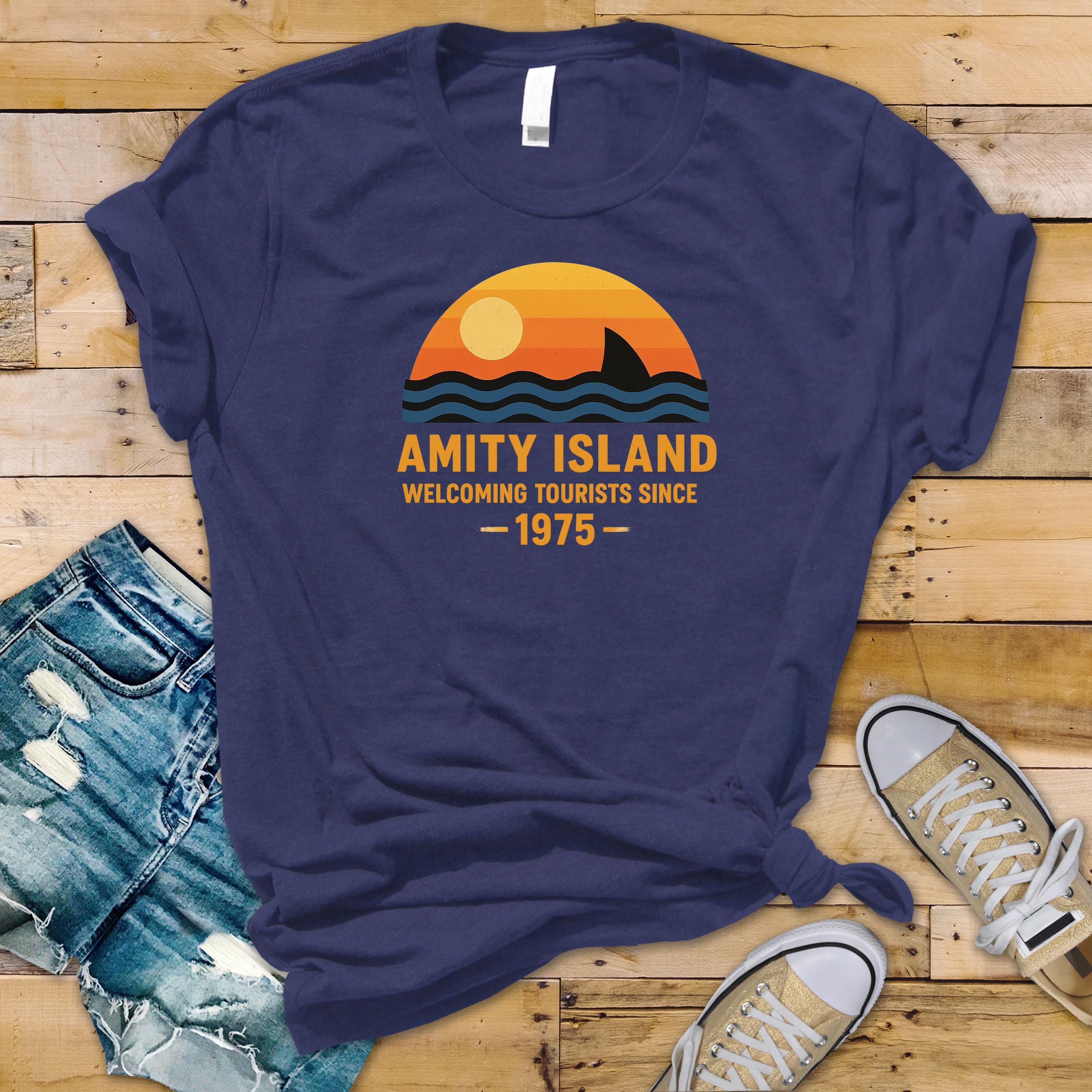 Movie Parody T-Shirt - Amity Island 1975 Design on Softstyle Premium Tee - Funny Graphic Tee with Tracked UK Postage