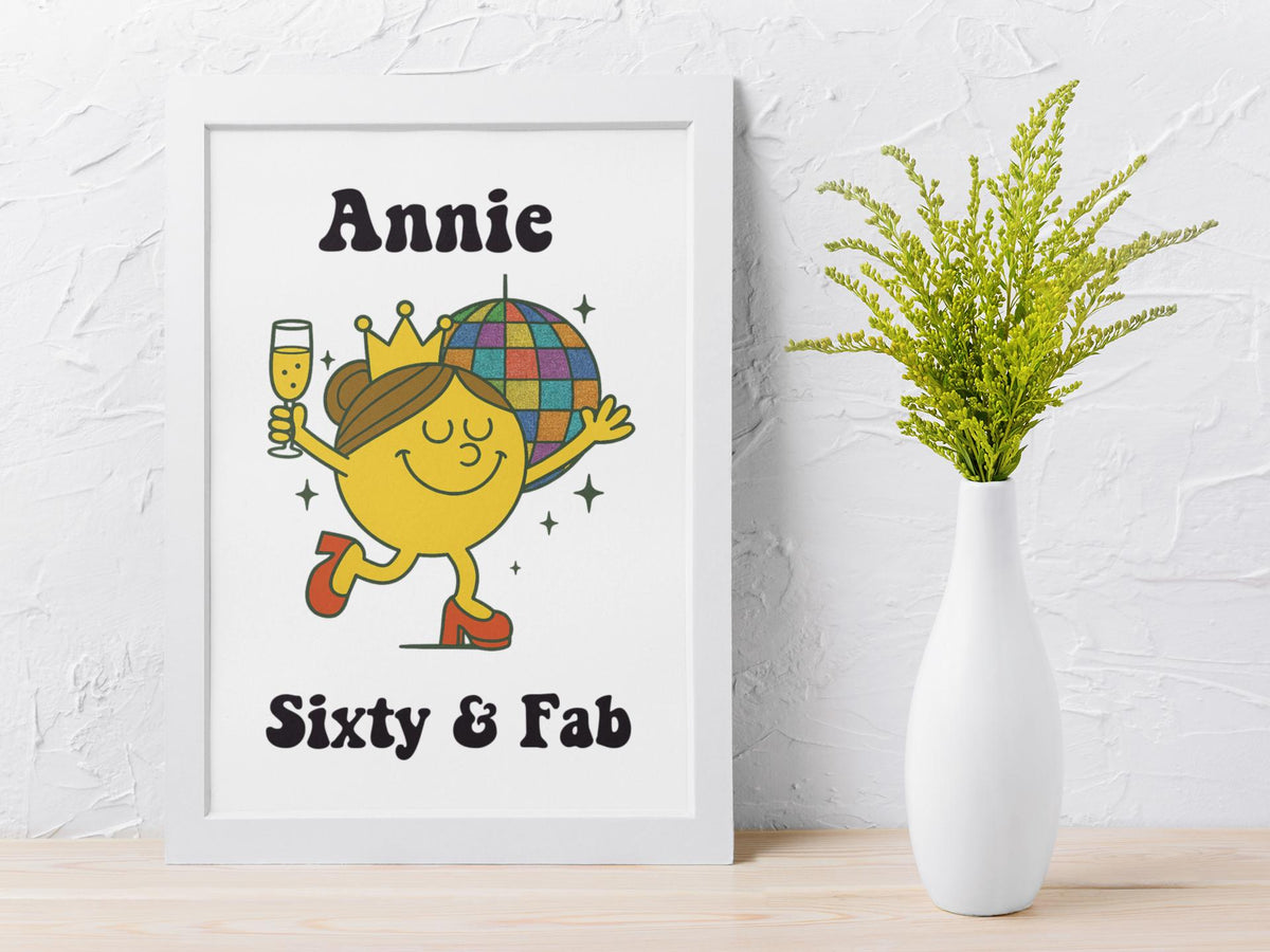 Personalised Ladies 60th Birthday Print in Frame - 60 & Fab Disco - Personalised Name Print - Fast and Free UK Tracked Post.