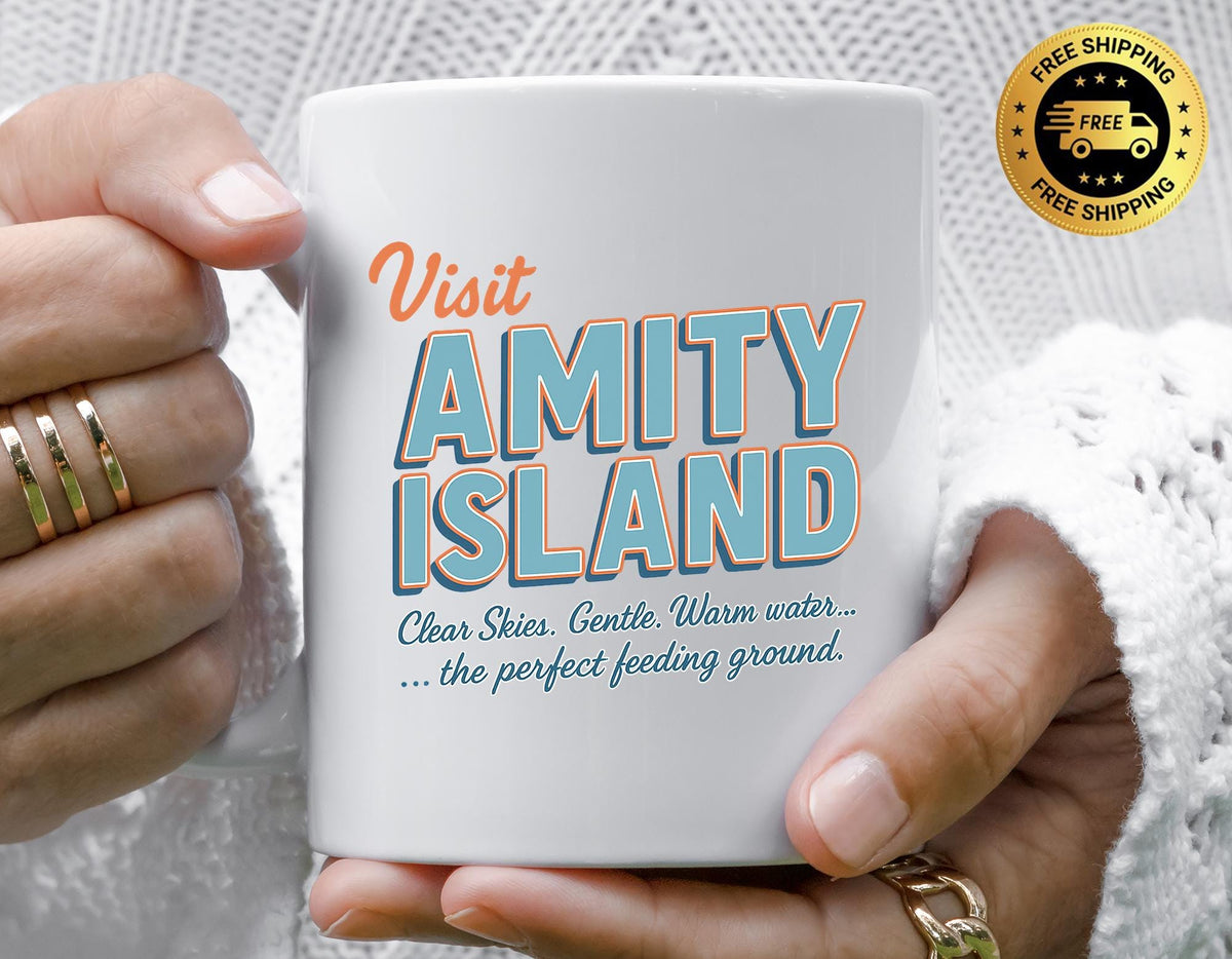 Movie Parody Coffee Mug: Visit Amity Island - Funny Graphic, Fast UK Shipping