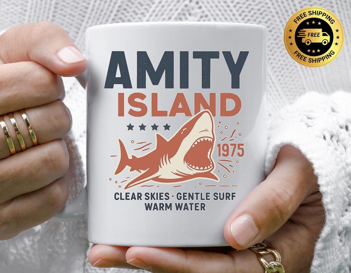 Movie Parody Coffee Mug: Amity Island Design, Funny Graphic, Fast UK Postage
