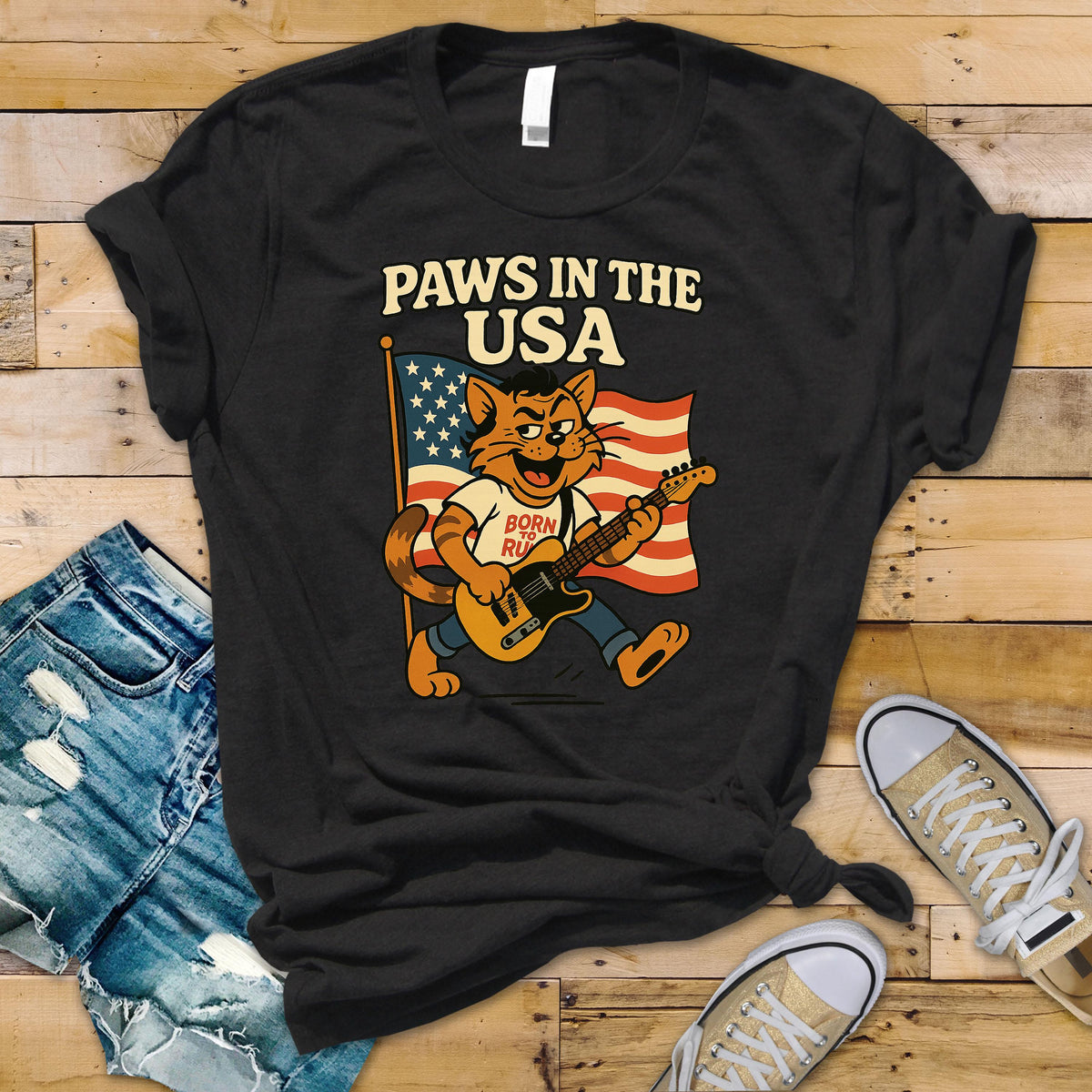 Music Parody T-Shirt - Paws In The USA Design on Premium Tee - Fast Tracked UK Postage