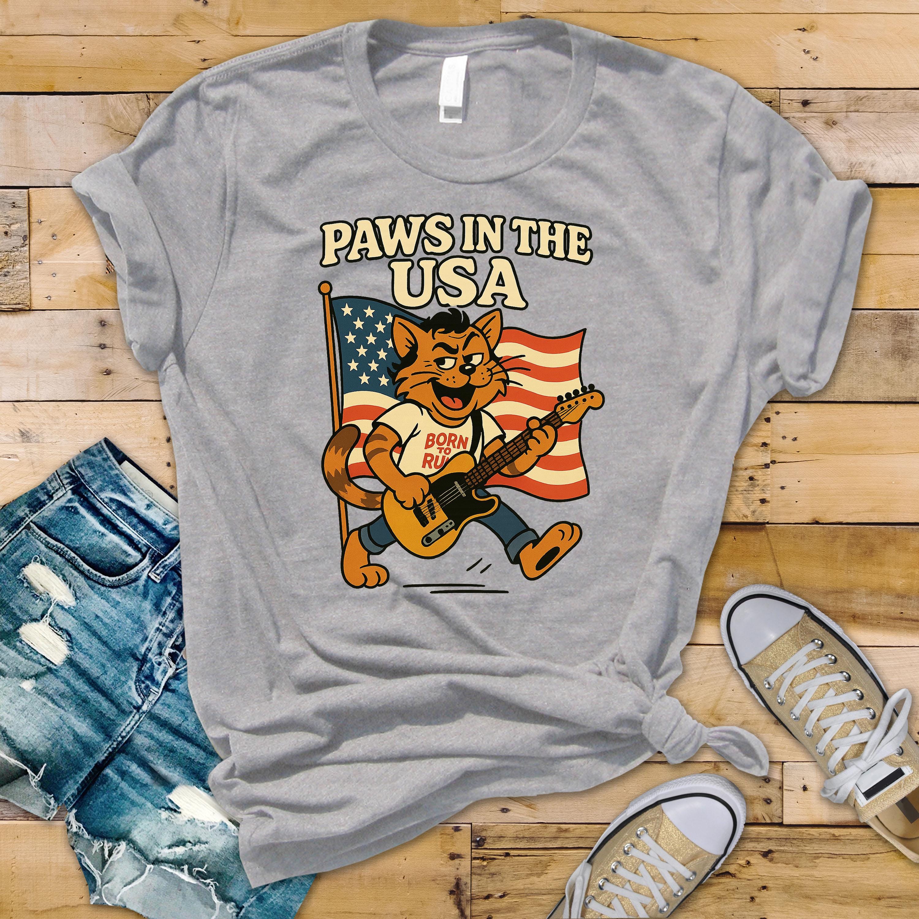 Music Parody T-Shirt - Paws In The USA Design on Premium Tee - Fast Tracked UK Postage