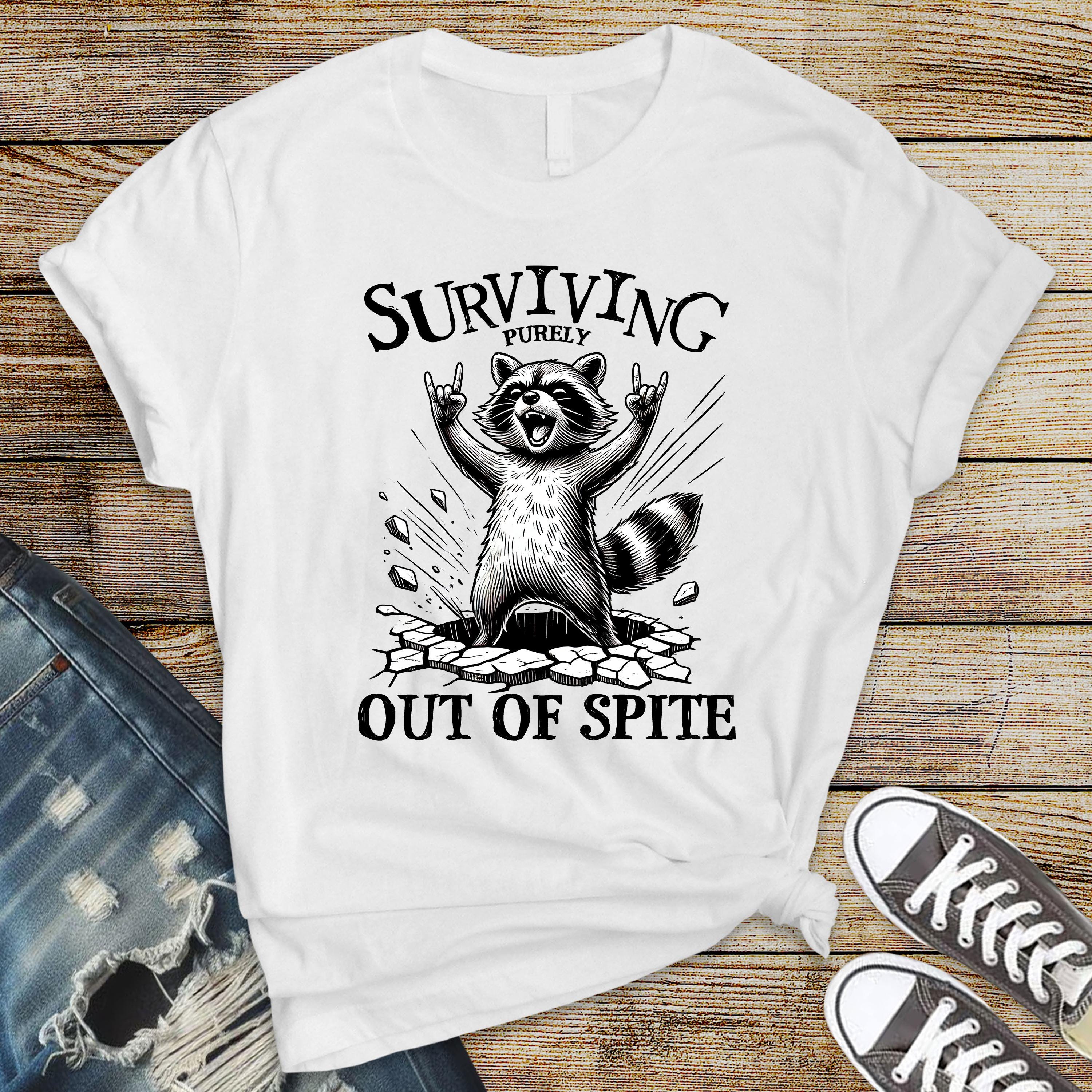 Funny Raccoon T-Shirt: Surviving Purely Out of Spite - Softstyle Tee - Fast UK Tracked Postage