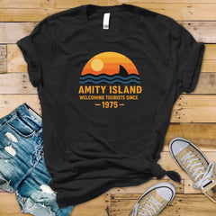 Movie Parody T-Shirt - Amity Island 1975 Design on Softstyle Premium Tee - Funny Graphic Tee with Tracked UK Postage