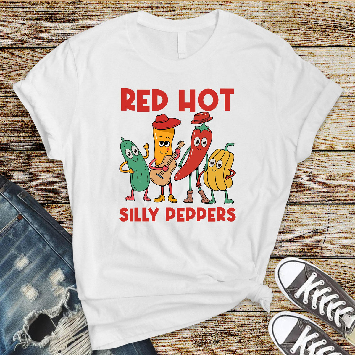 Music Parody Graphic Tee: Red Hot Silly Peppers - Fast Tracked UK Shipping
