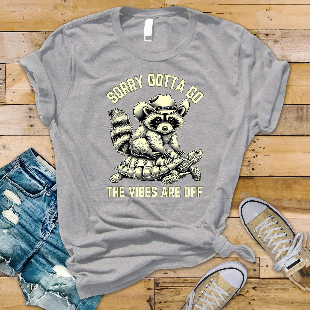 Funny Raccoon Parody T-Shirt - Sorry Gotta Go The Vibes Are Off Graphic Tee on Premium Shirt with UK Tracked Postage