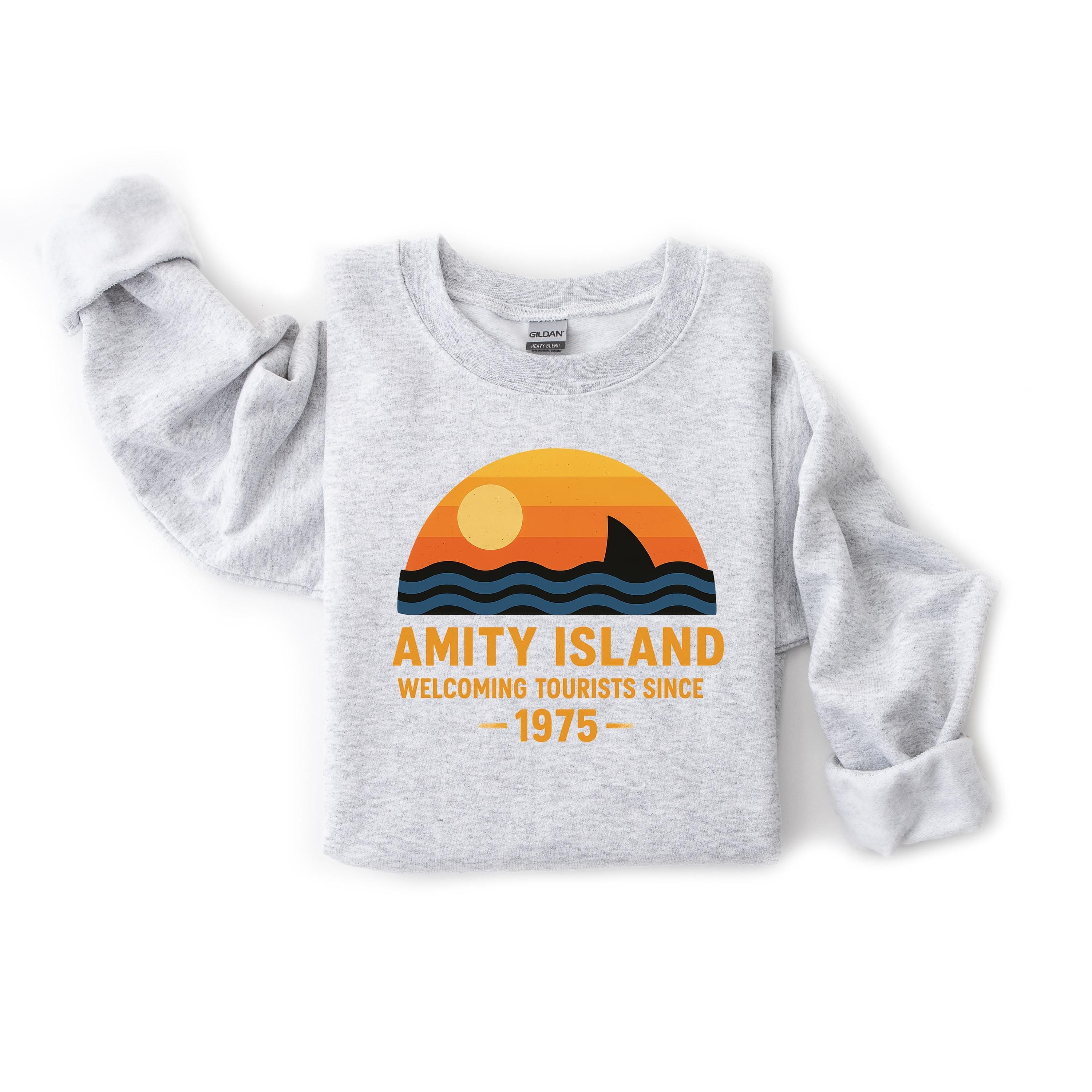 Movie Parody Sweatshirt: Amity Island 1975 Graphic, Gildan Heavyweight Blend -Fast Tracked UK Shipping