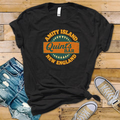 Movie Parody T-Shirt - Amity Island Quints Bar Design on Softstyle Premium Tee - Funny Graphic Tee with Tracked UK Postage