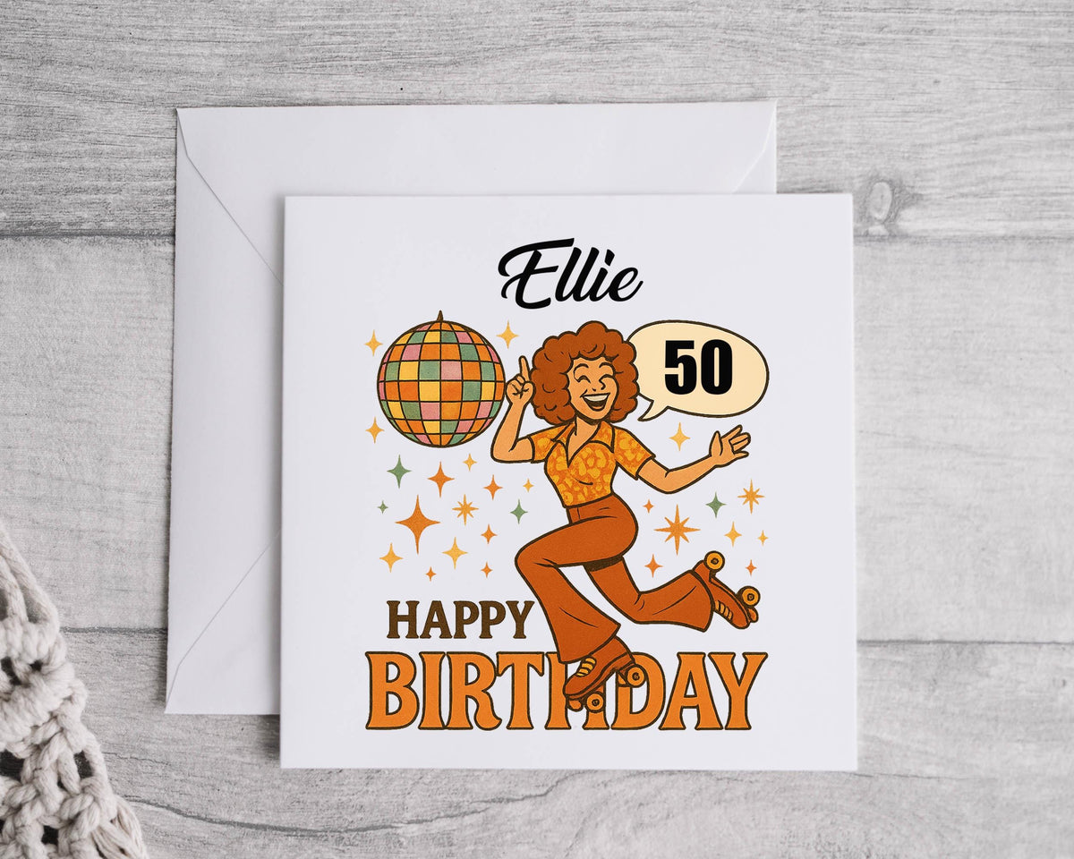 Personalised 50th Birthday Card: Roller Disco Design, Fast UK Post