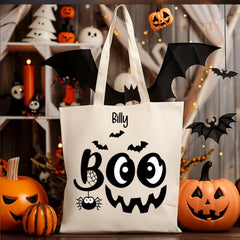 Personalised Halloween Bag - Boo Face Design - Trick or Treat Bag - Custom Name - Kid Premium Tote Bag - Free UK Tracked Shipping