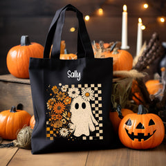 Personalised Halloween Bag - Checkered Ghost Design - Trick or Treat Bag - Custom Name - Kid Premium Tote Bag - Free UK Tracked Shipping
