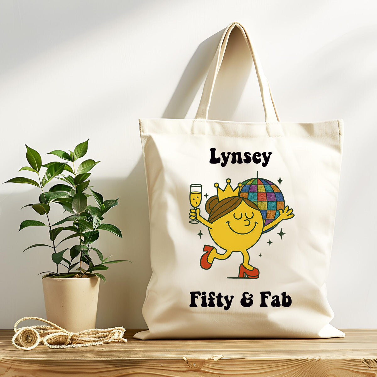 Personalized 50th Birthday Tote Bag: 50 & Fab Disco Design