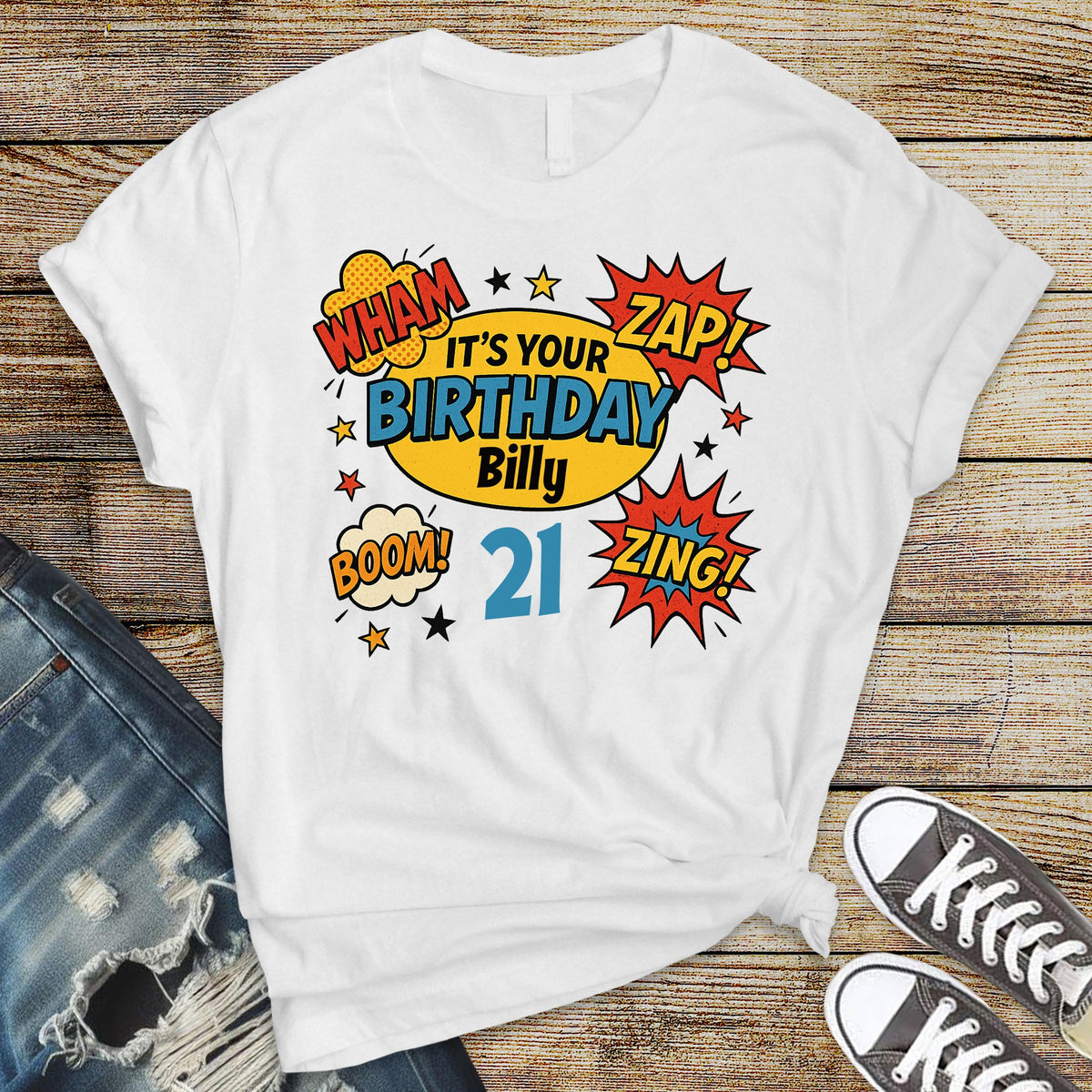 Personalised 21st Birthday T-shirt - Wham - Zap - Retro Comic Book Style Design on Bella and Canvas Premium Tee - Fast UK Tracked Post!