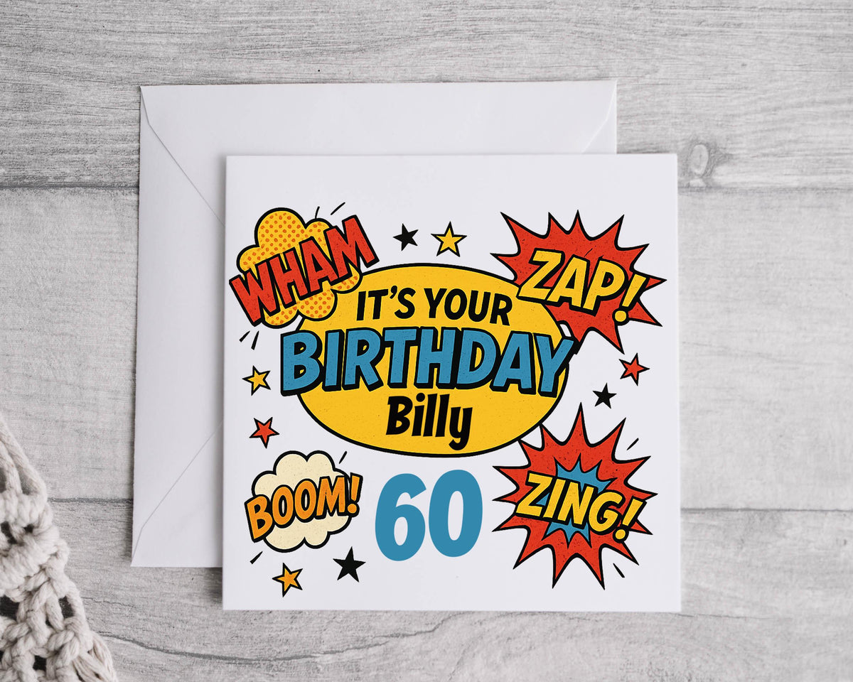 Personalised 60th Birthday Card: Retro Comic Book Style Fast UK Post