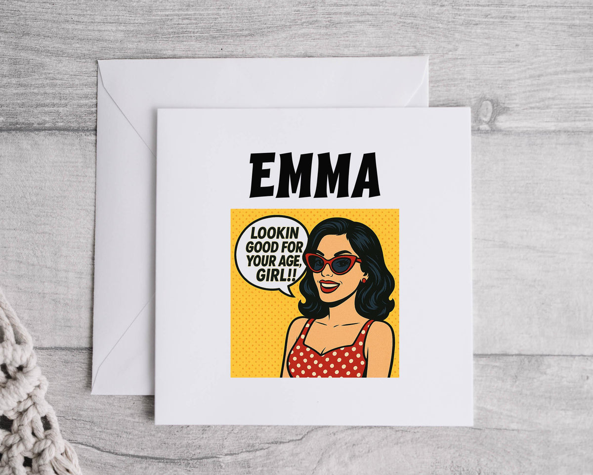 Personalised 50th Birthday Card: Dark Hair Girl Design, Fast UK Post