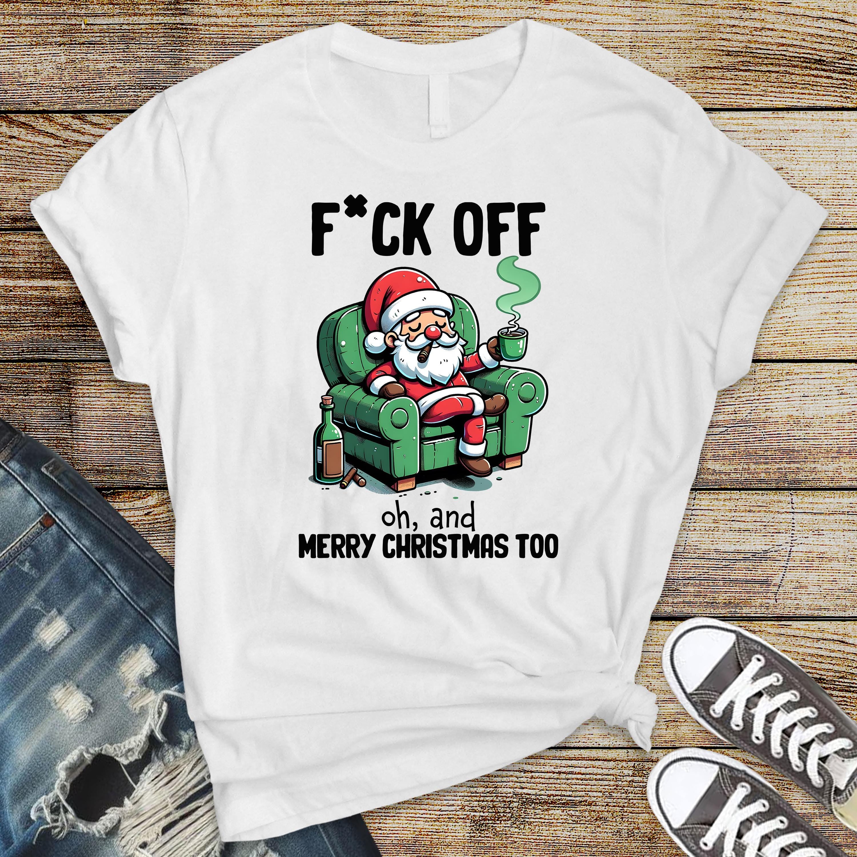 Funny Christmas Shirt: F**k Off and Merry Christmas - Softstyle Tee - Fast UK Tracked Postage