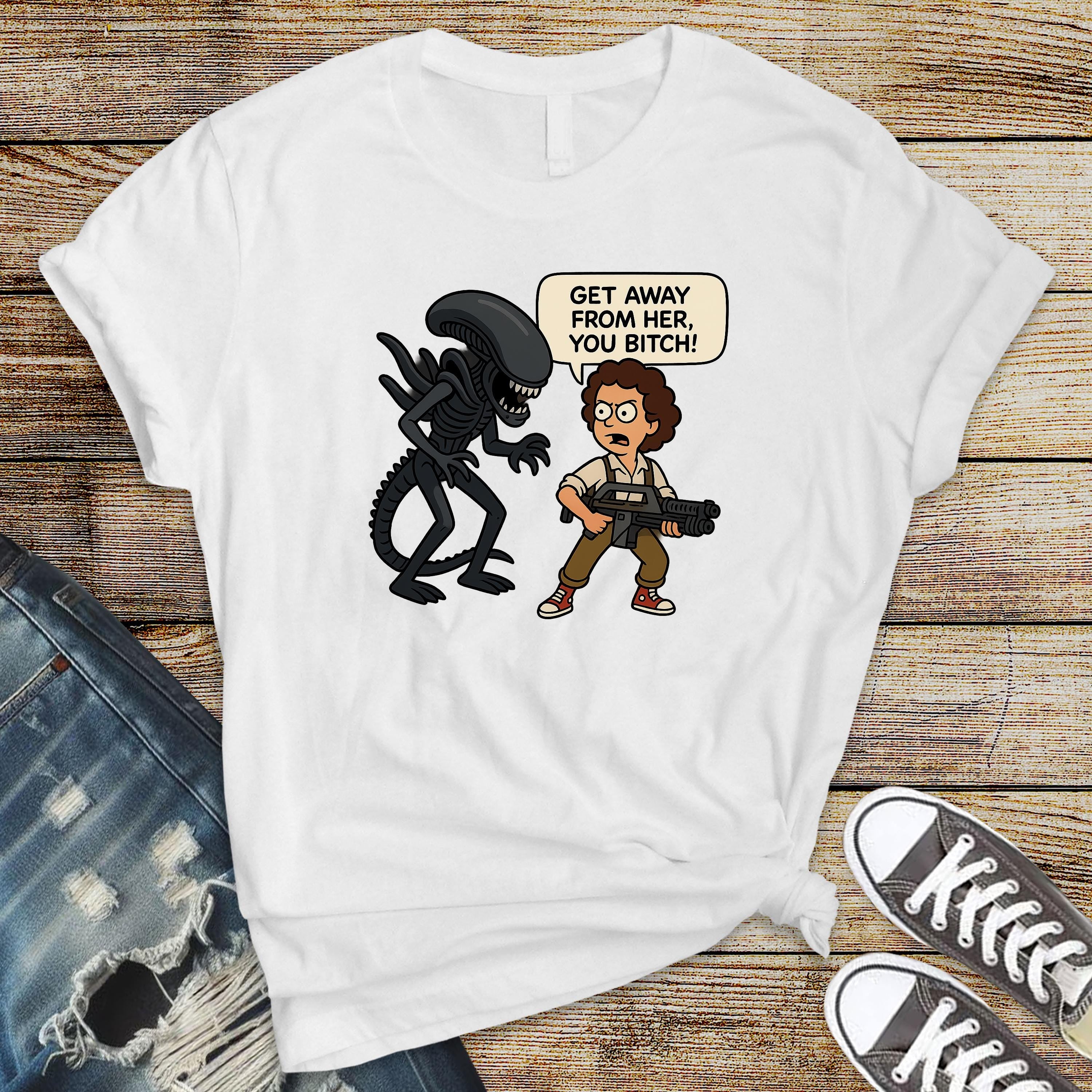Movie Parody T-Shirt - Get Away From Her You Bitch Alien Design 2 on Premium Tee - Funny Graphic Tee with Tracked UK Postage