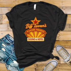 Movie Parody T-Shirt - Biff's Casino and Hotel Design on Premium Tee - Fast Tracked UK Postage