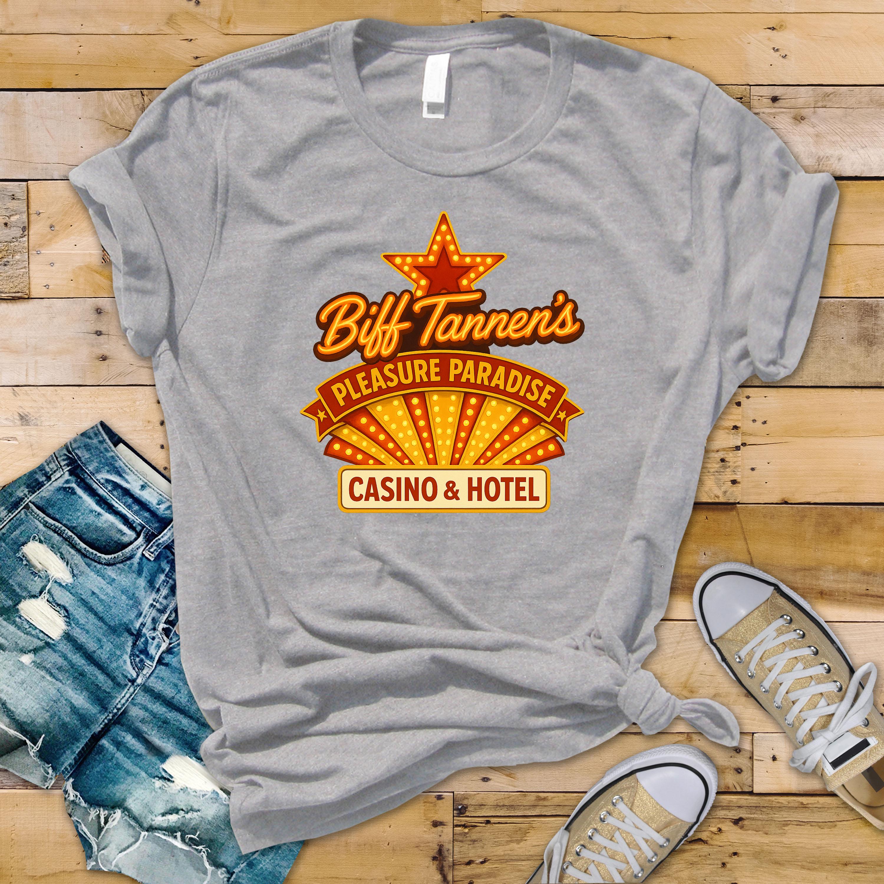 Movie Parody T-Shirt - Biff's Casino and Hotel Design on Premium Tee - Fast Tracked UK Postage