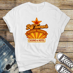 Movie Parody T-Shirt - Biff's Casino and Hotel Design on Premium Tee - Fast Tracked UK Postage