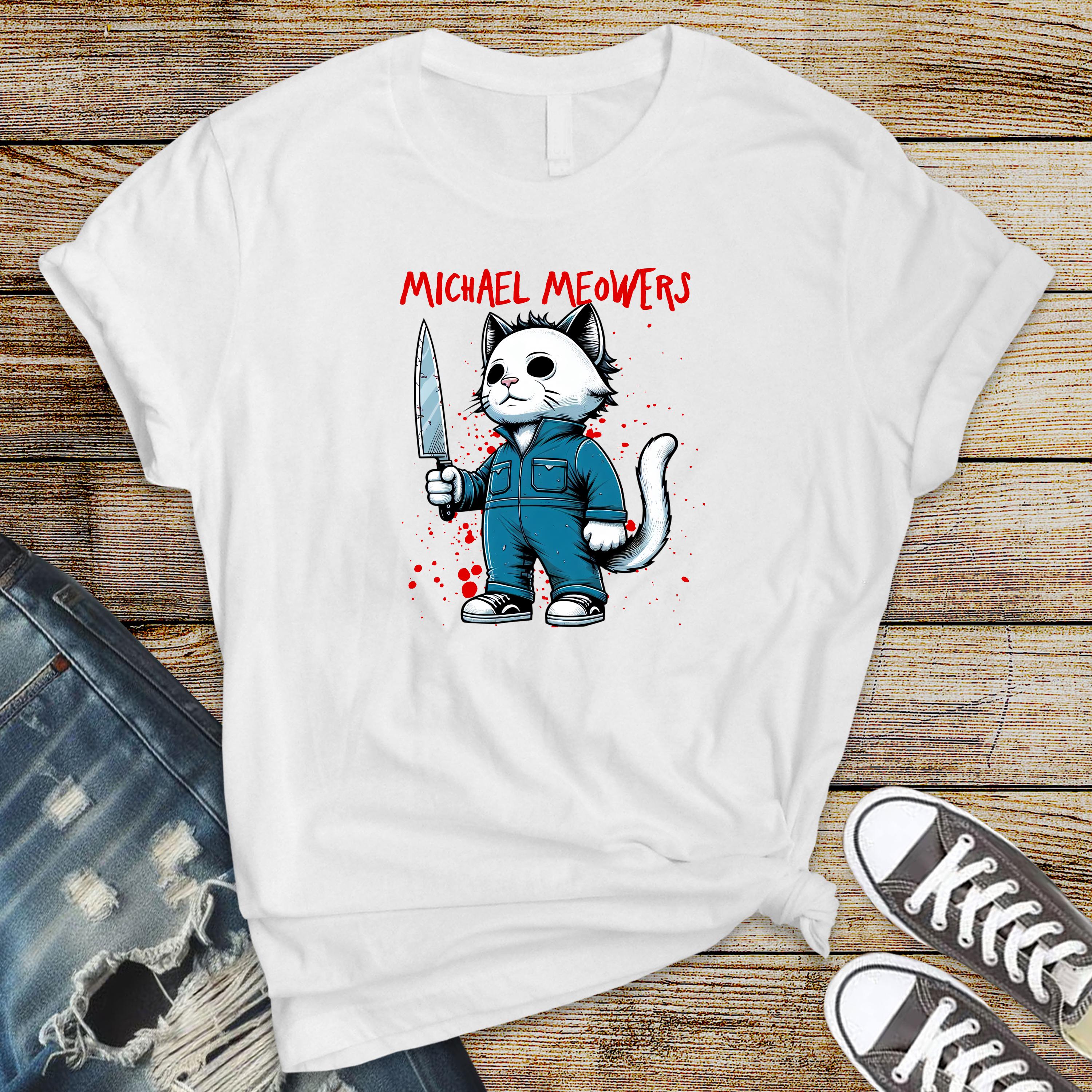 70s Horror Movie Parody T-Shirt - Michael Meowers Design on Softstyle Premium Tee - Funny Graphic Tee with Tracked UK Postage
