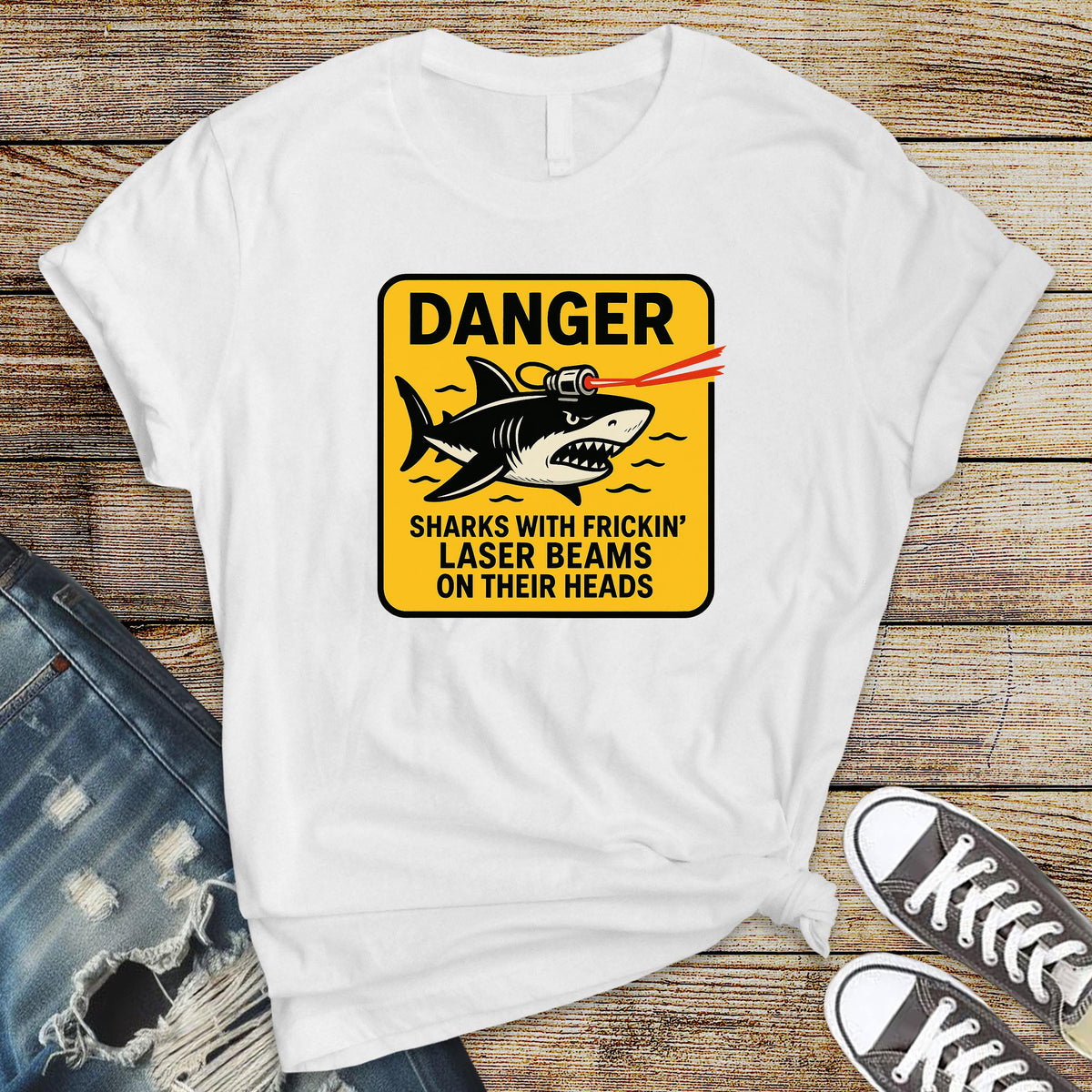 90's Movie Parody T-Shirt - Sharks with Frickin' Laser Beams Design on Premium Tee with Free Tracked UK Postage