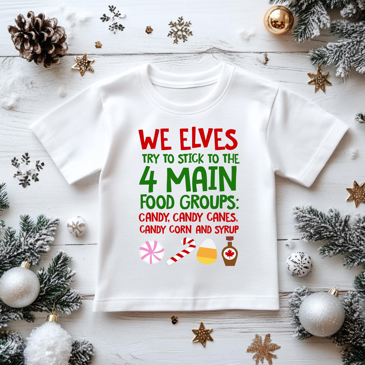 Kids Christmas T-Shirt - We Elves Stick to the 4 Main Food Groups Design - Premium Gilden Heavyweight - Free UK Shipping