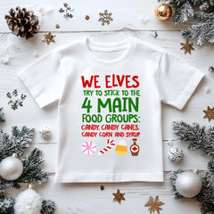 Kids Christmas T-Shirt - We Elves Stick to the 4 Main Food Groups Design - Premium Gilden Heavyweight - Free UK Shipping