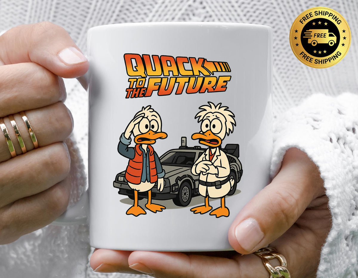 80s Movie Parody Mug: Quack to the Future, Funny Graphic Coffee Cup