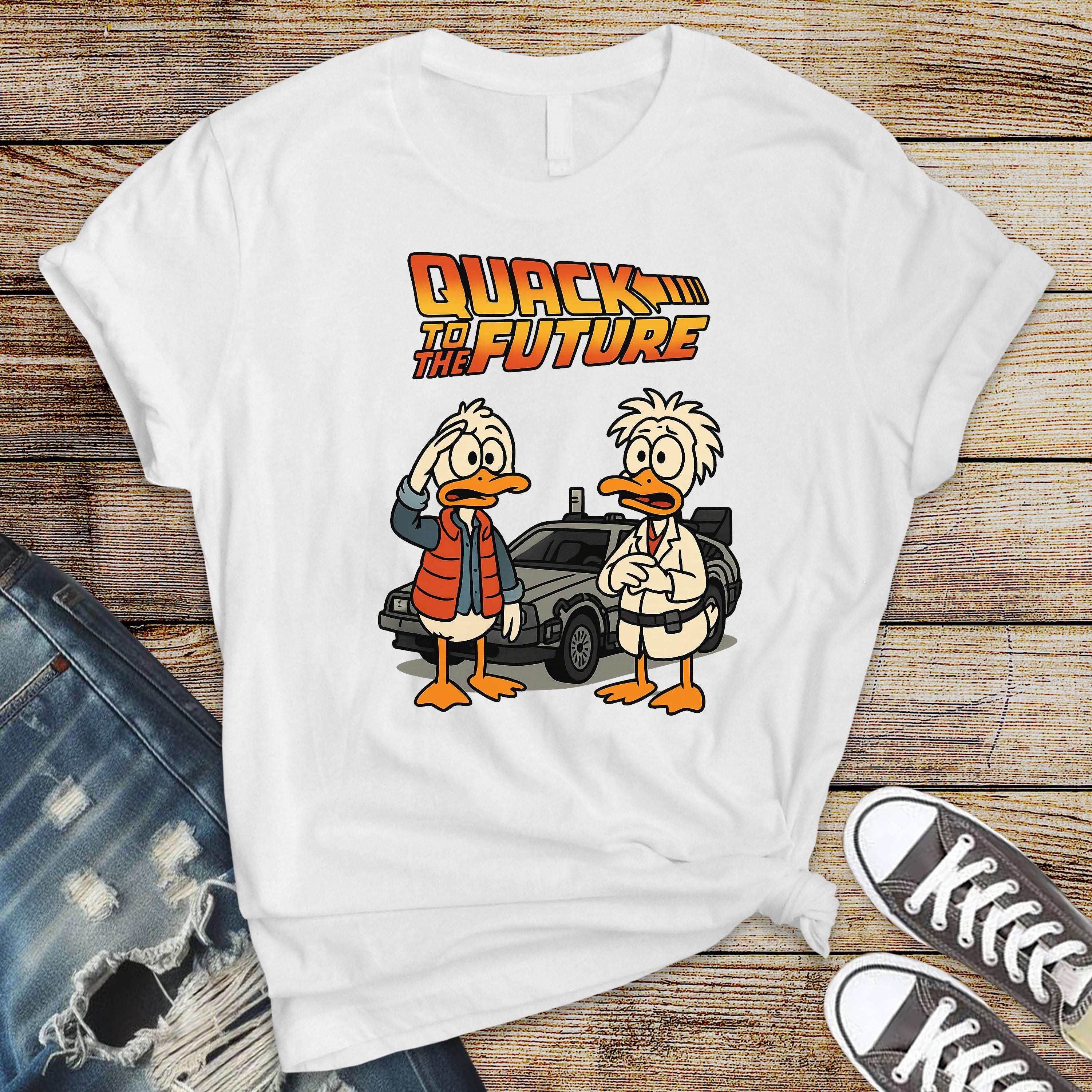 Movie Parody T-Shirt - Quack to the Future Design on Softstyle Premium Tee - Funny Graphic Tee with Tracked UK Postage
