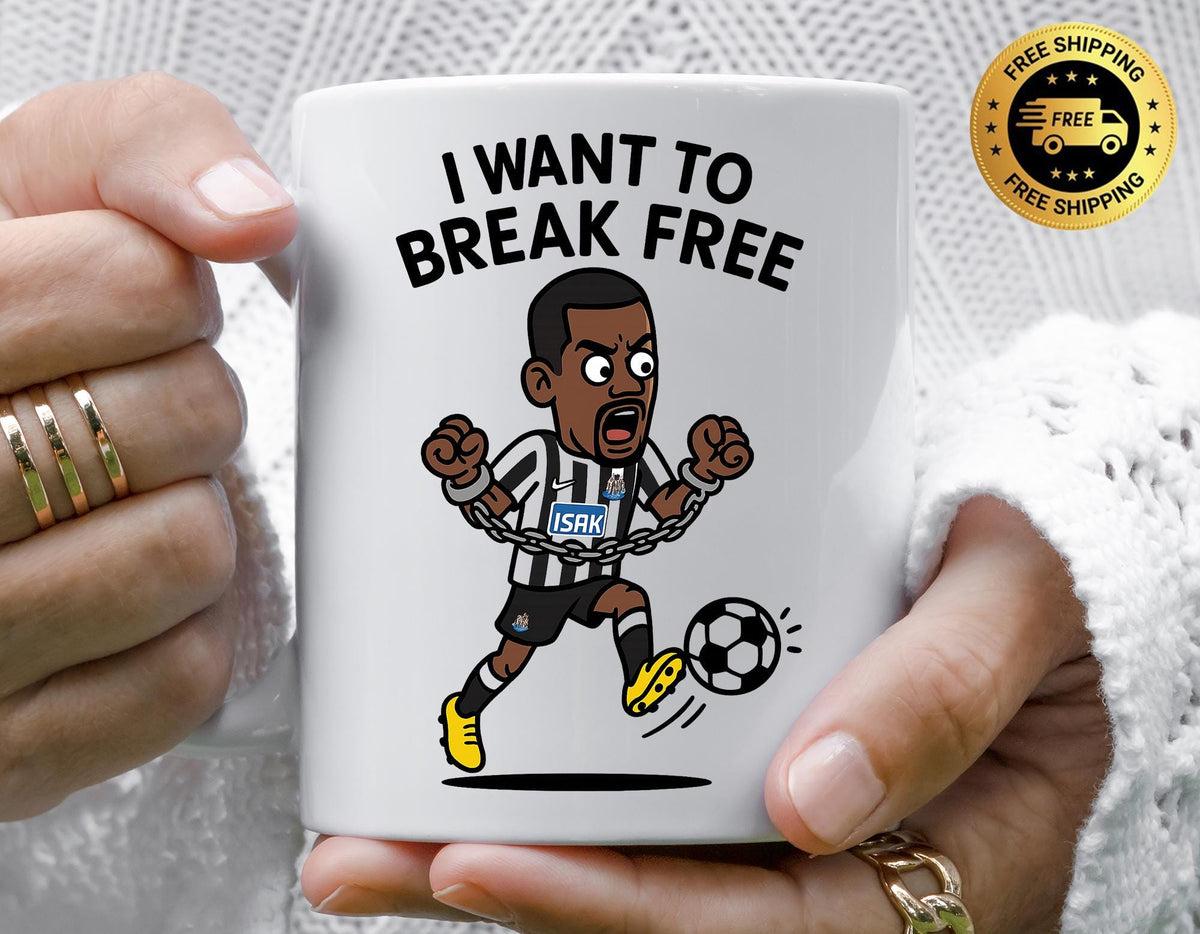 Football Parody Mug - Isak Break Free Footballer Design, Funny Graphic Coffee Cup with Free Tracked UK Postage