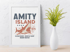 70s Movie Parody Framed Print - Amity Island Clear Skies Design - Fast and Free UK Tracked Post.